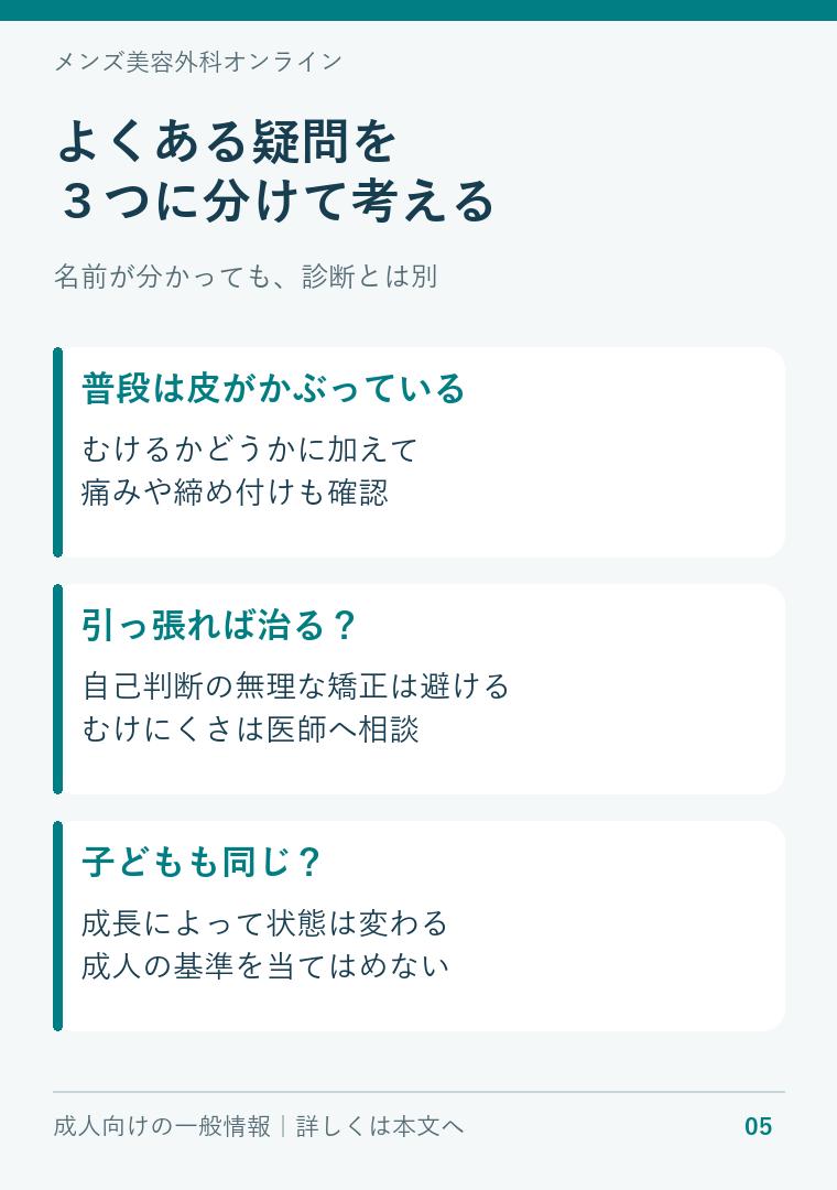 仮性包茎の疑問を、普段の状態、自力での矯正、成長期の違いに分けて整理