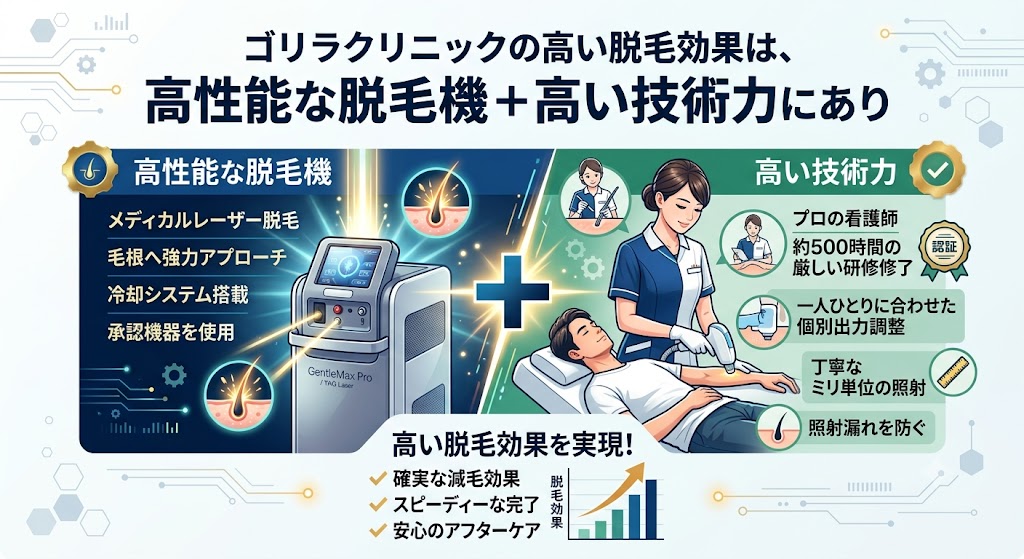ゴリラクリニックの効果に関する口コミは「高性能な脱毛機＋高い技術力」にあり
