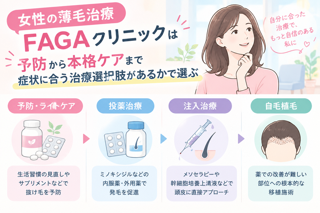 女性の薄毛治療FAGA治療は予防から本格ケアまで症状に合う治療選択肢があるかで選ぶ