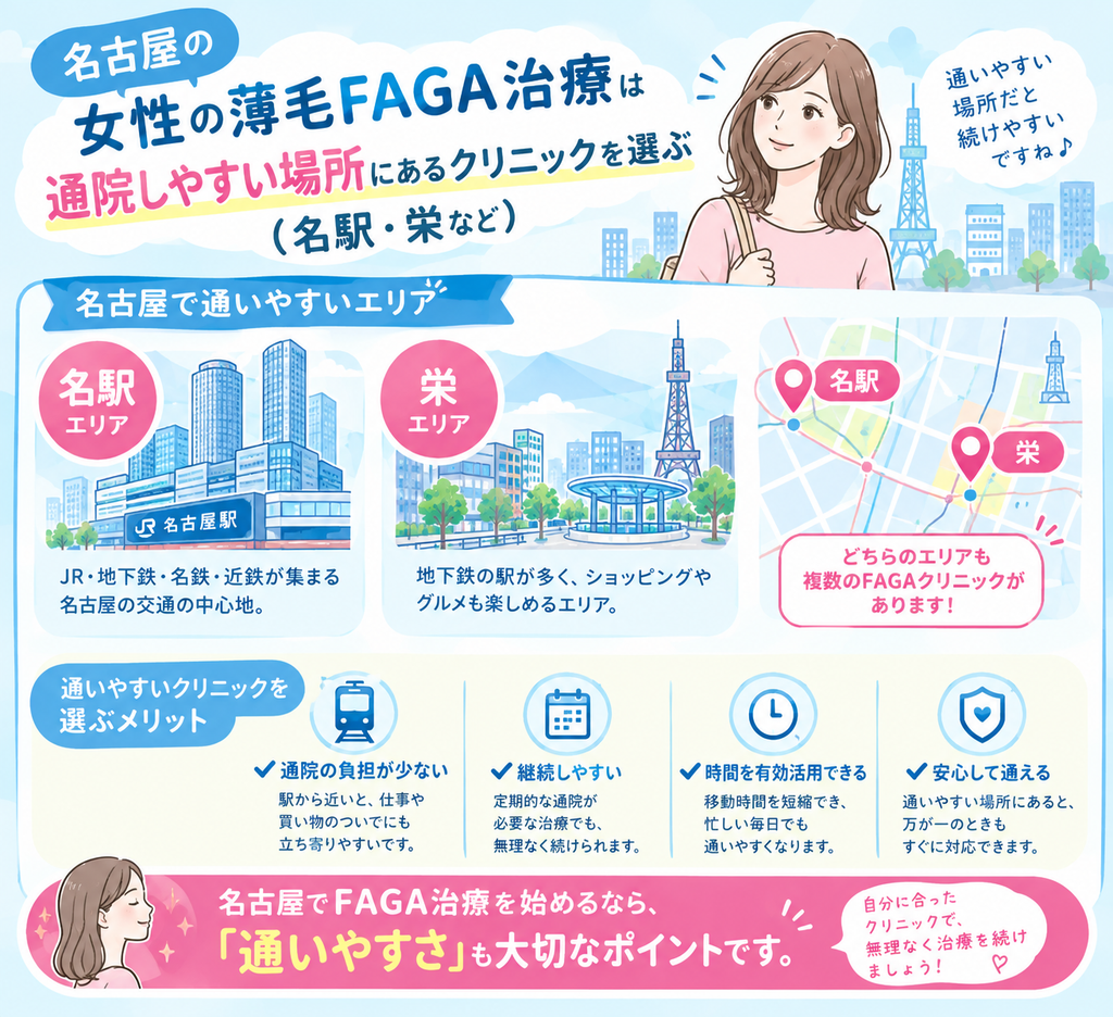 名古屋の女性の薄毛治療FAGA院は通いやすさで選ぶべき
