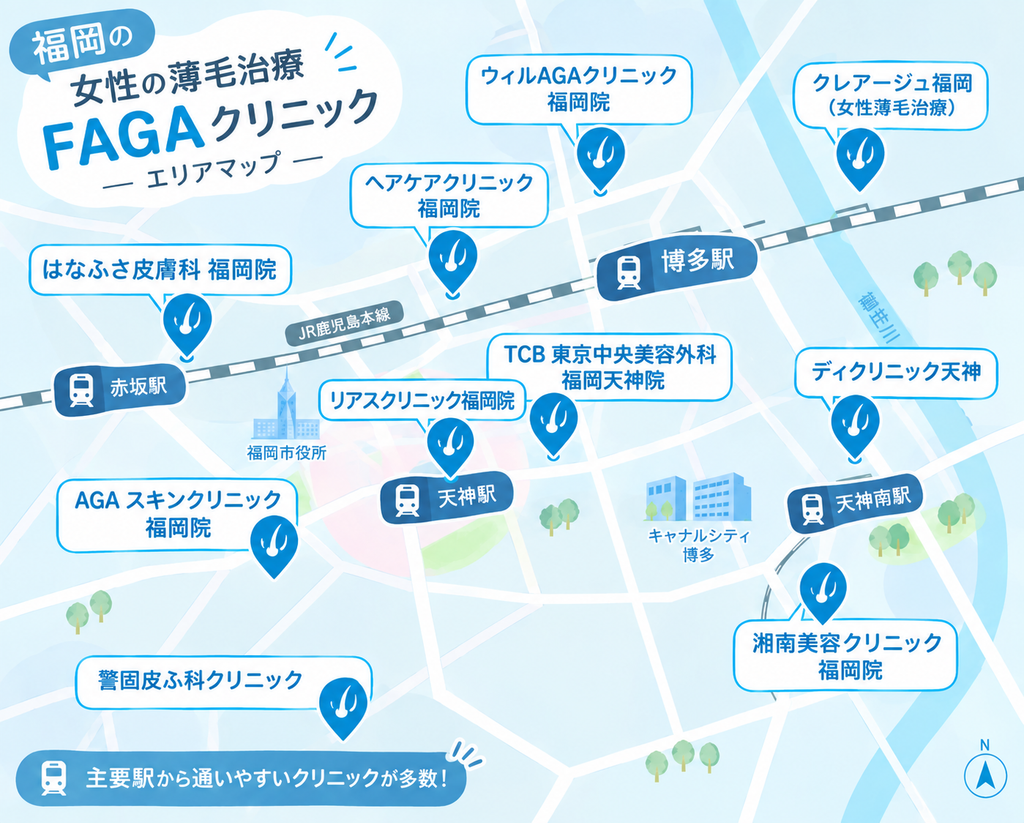 福岡の女性の薄毛治療FAGAおすすめクリニック地図