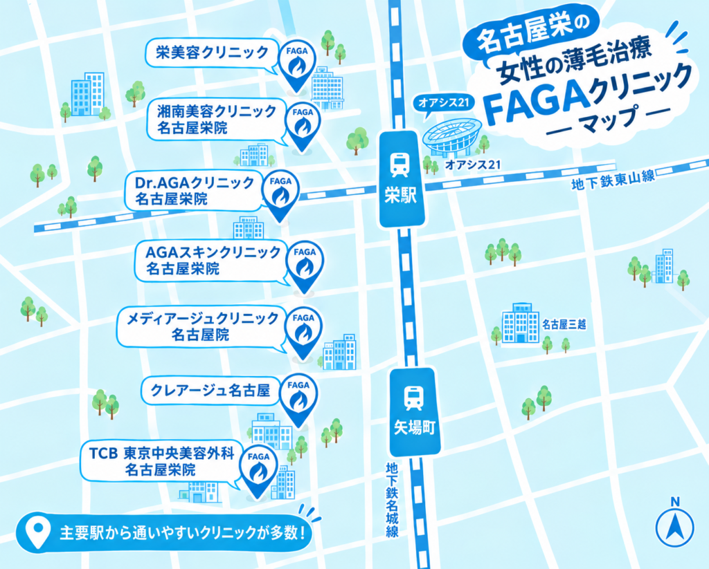 名古屋の女性の薄毛治療が安いおすすめクリニック②【栄駅周辺マップ】